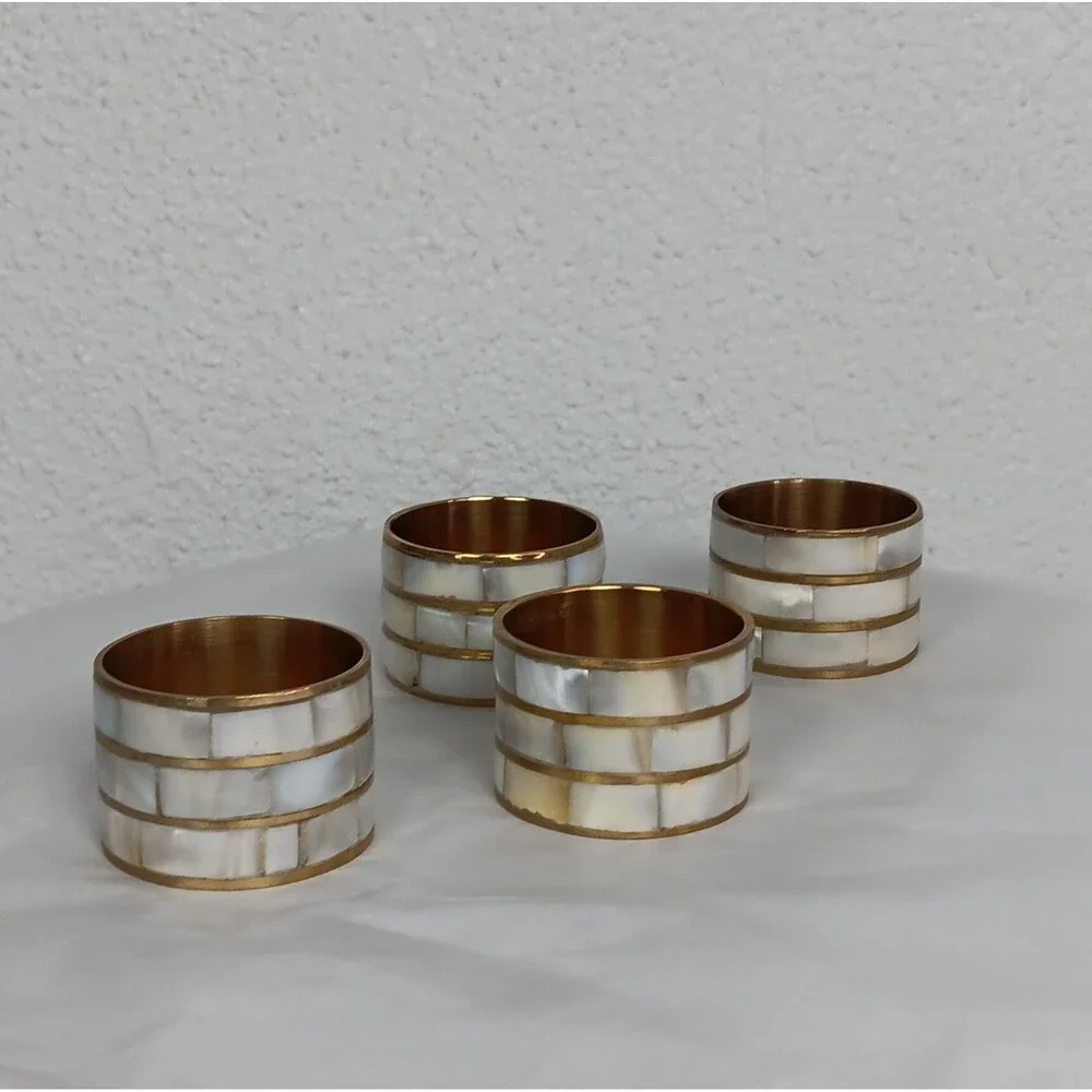 4 Mother of Pearl Napkin Ring Holders Brass Boho Seaside Table Setting